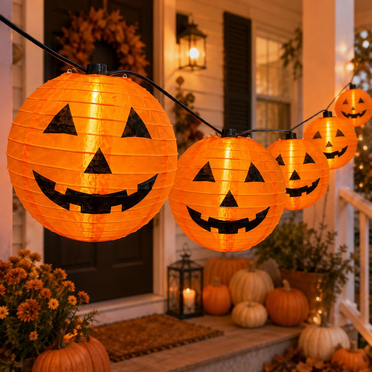 25FT Halloween Pumpkin String Lights with 10 Foldable Nylon Lanterns & 11 G40 LED Bulbs, Connectable Waterproof Outdoor Jack-O-Lantern Lights for Yard Porch Party Decor