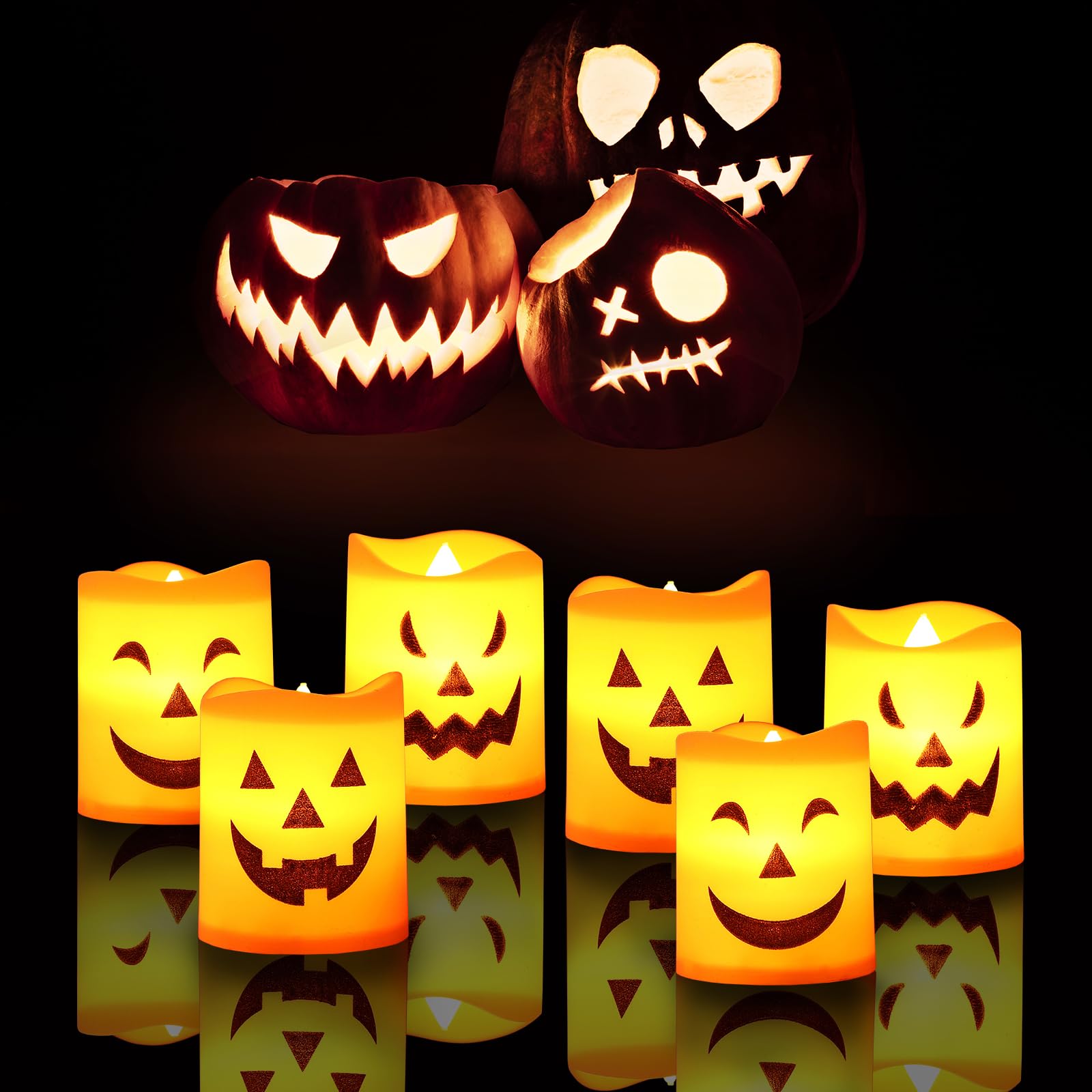 6PCS Halloween Tea Light for Indoor Home Decoration, Mini Flameless Jack-o'-Lantern Candle for Party Supplies, Gifts, Bedroom Table Spooky Decor