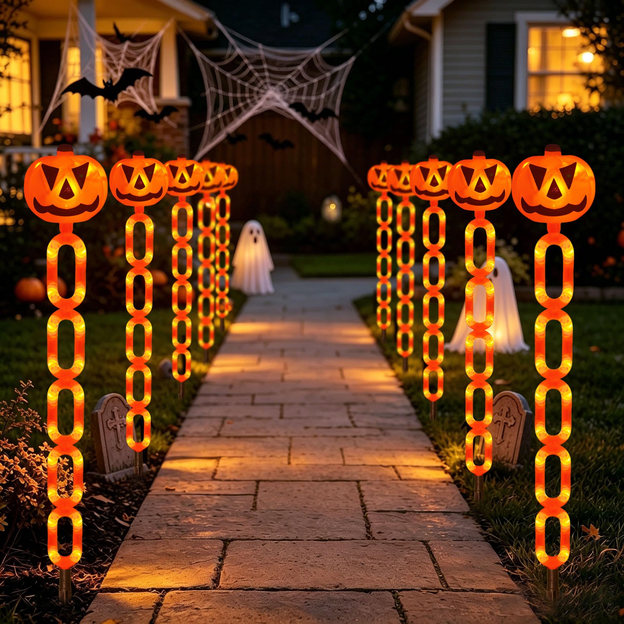 Halloween Decorations Outdoor Solar Pumpkin Chain Stake Lights, 6 Pack Orange Jack O Lantern Halloween Pathway Decor Lights for Halloween Display Garden Yard Lawn Grave Porch Spooky Decor