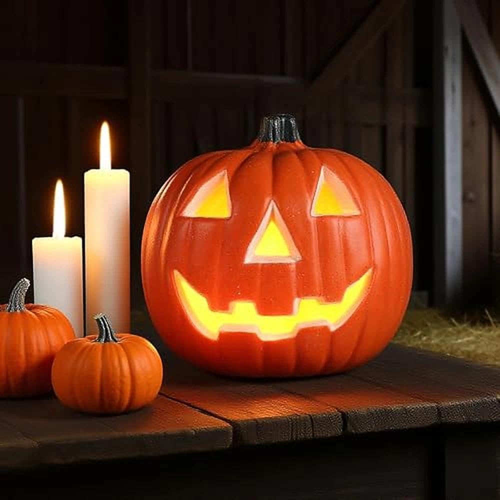 8 Inch Light Up Pumpkin Halloween Jack O Lantern Decor with Spooky Face