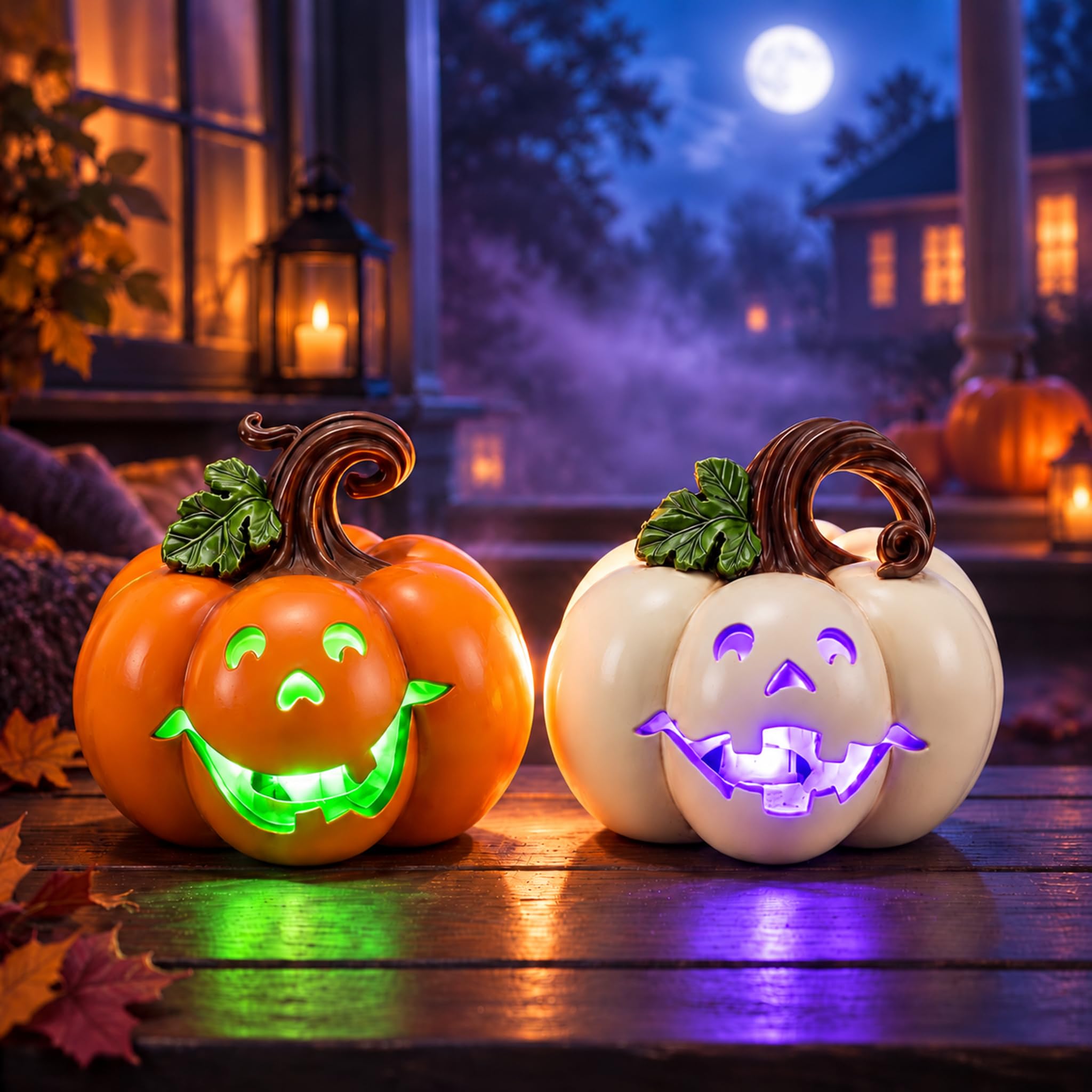 2-Pack 4.33in Resin Jack O Lanterns with 7-Color Light