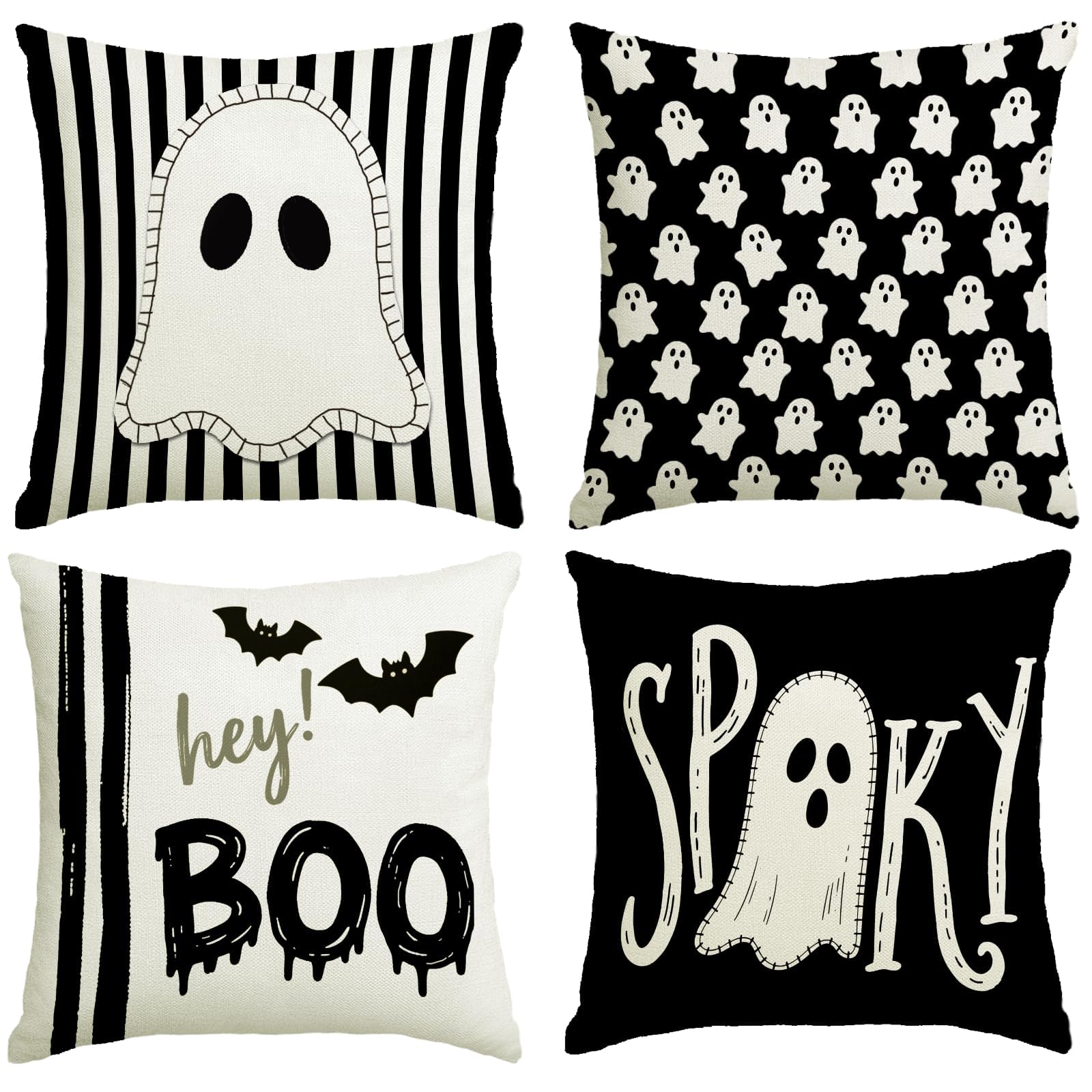 Halloween Decor Pillow Covers 16x16 Inch,Set of 4 Halloween Decorations Outdoor Indoor Throw Pillow Covers, Hey Boo Cute Spooky Ghost Black Striped Linen Cushion Case for Home Sofa Couch Bed Chair