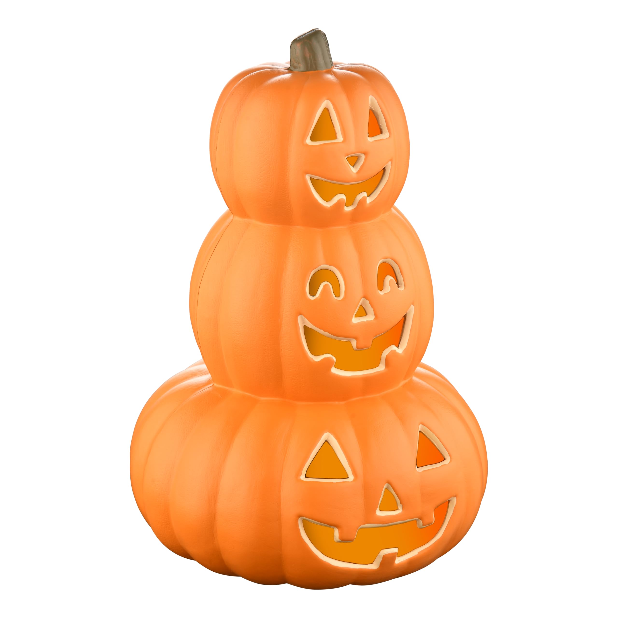 Evelyne Stacked Jack-O’-Lantern Pumpkin Decoration – 3-Tier Light-Up Halloween Gourd HDPE Plastic – Indoor/Outdoor Fall Decor with Happy Ghost Faces – Cute Pumpkin Tower for Porch Tabletop