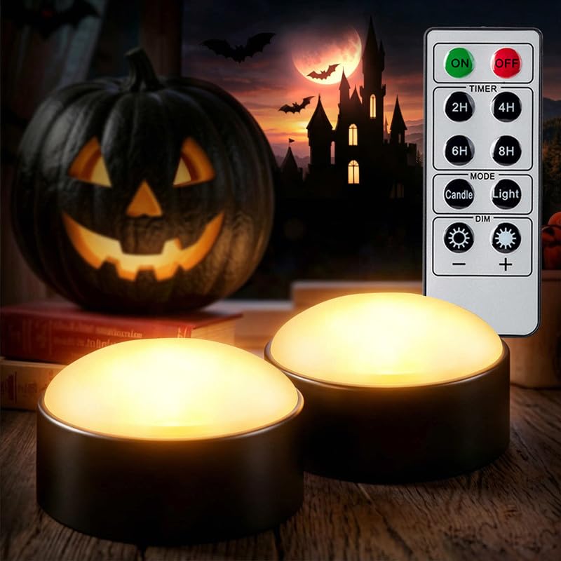 2 PCS Black Flameless LED Pumpkin Lantern Lights with Remote and Timer, Battery Operated Warm White Pumpkin Light, Jack-O-Lantern Halloween Decor & Fall Decor
