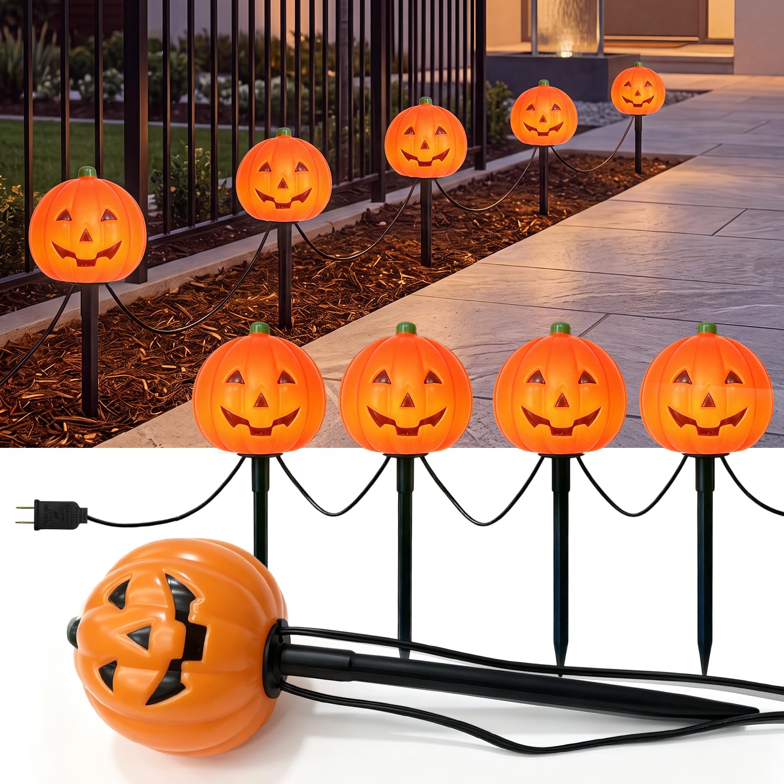 7FT Halloween Pumpkin Pathway Lights Outdoor, 4 Plug in Jack-O'-Lantern Stake Lights with C7 Bulbs, Connectable Waterproof Walkway Markers for Yard Lawn Decor