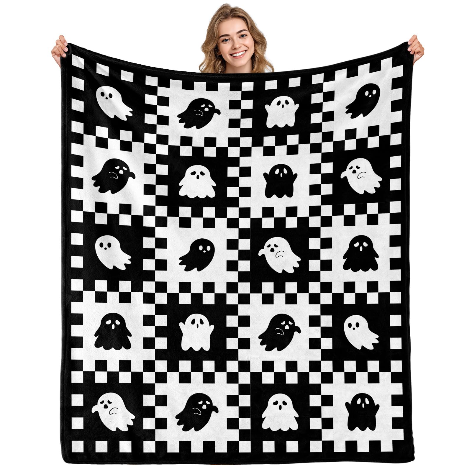 Aimego Ghost Halloween Blanket for Girl Boy Ghost Gifts Blanket Throw for Women Spooky Blankets for Home Decor Cute Skull Blanket White Checkered Blankets(50X60 Inch)