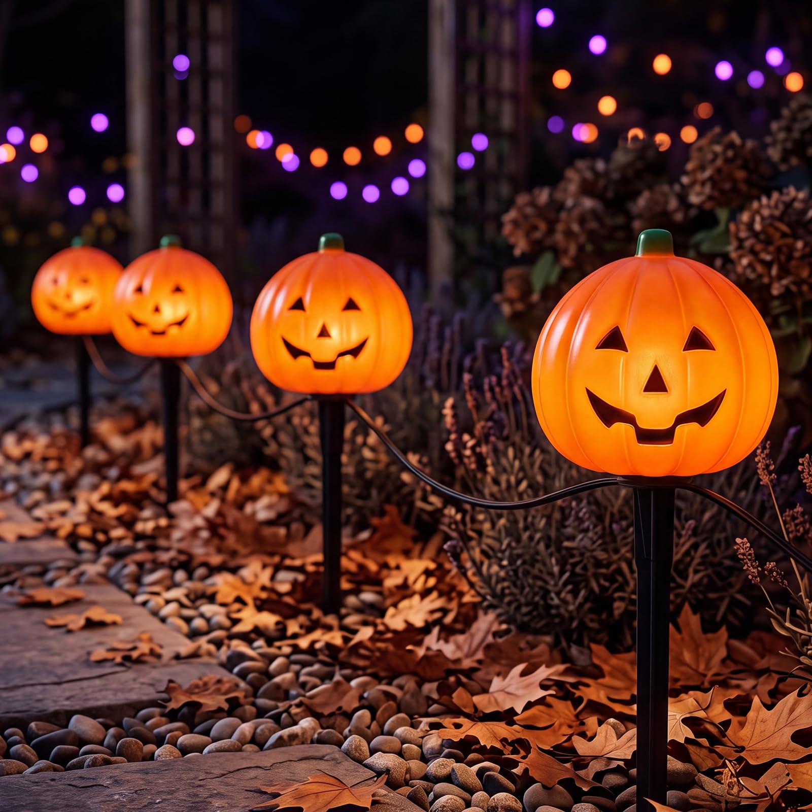SUNSGNE Halloween Pathway Lights Outdoor, Set of 4 Halloween Pumpkin Stake Lights, Connectable Jack-O-Lantern Walkway Light for Holiday Garden Party Driveway Lawn Lighting Decor