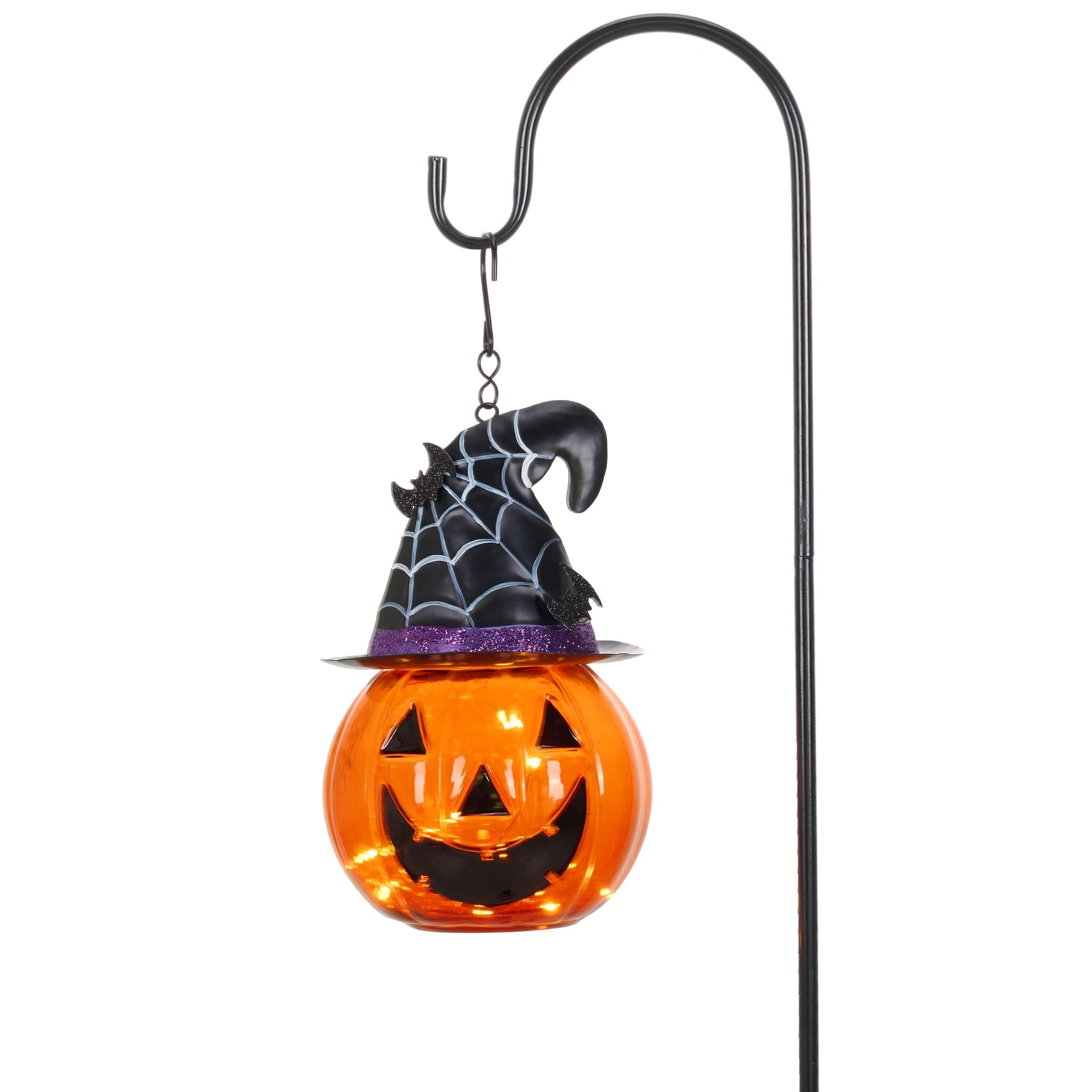 TERESA'S COLLECTIONS Halloween Decorations for Home Outdoor, 36" Glass Solar Lantern Decor with Orange Fun and Spooky Pumpkin Bats, Jack-o'-Lantern for Garden Patio Party Gifts for Halloween