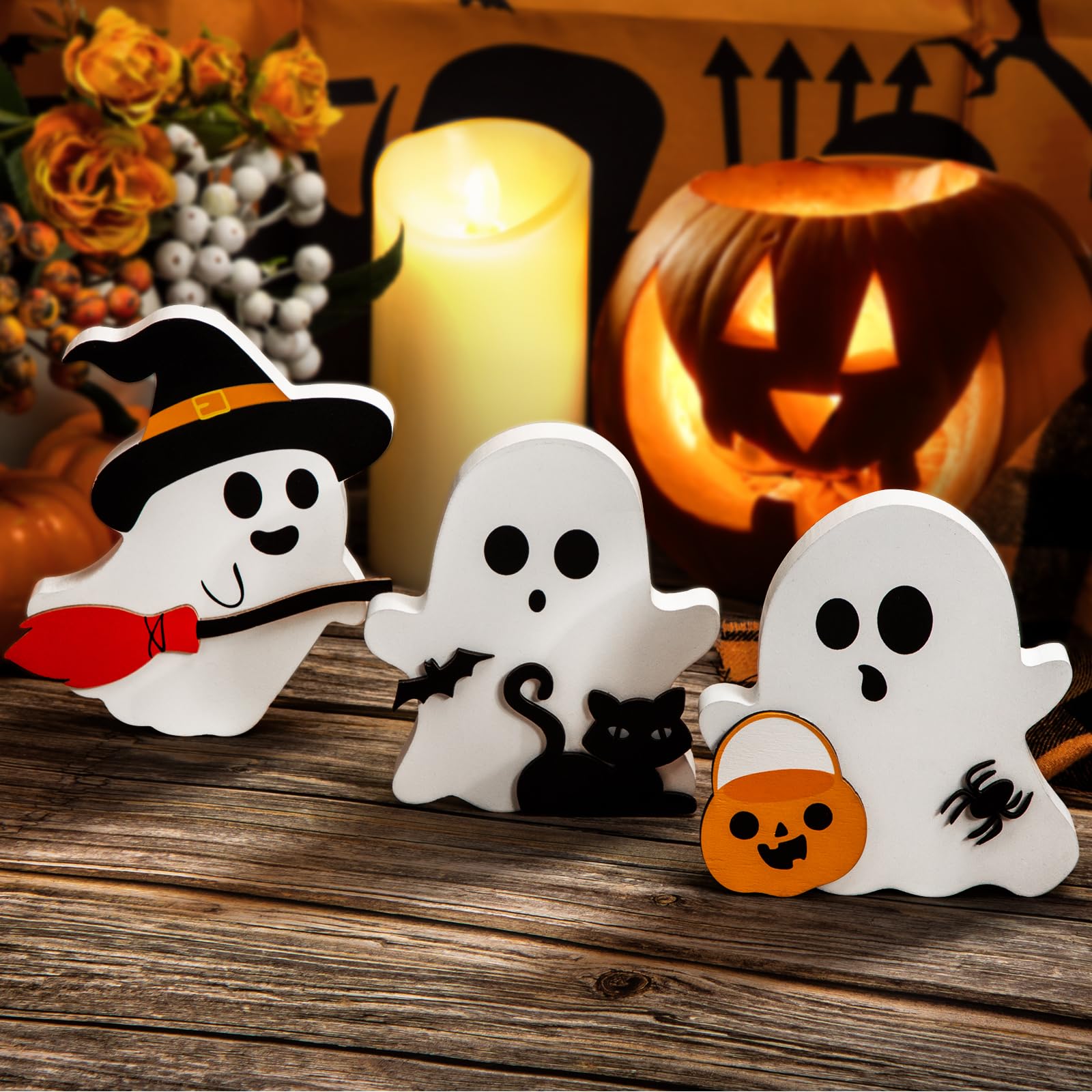 COCHIE 3 Cute Ghost Halloween Decorations Indoor Set Ghosts Table Sign