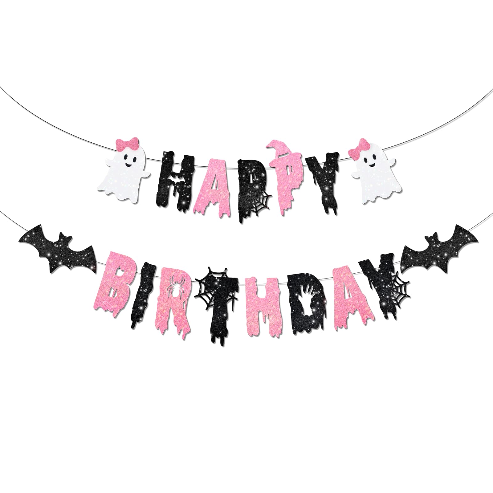 Pink Halloween Happy Birthday Banner – Cute Ghost and Bat Design with Glitter Letters and Spider Web Accents – Girly Halloween Party Decoration for Kids or Spooky Birthday Celebrations