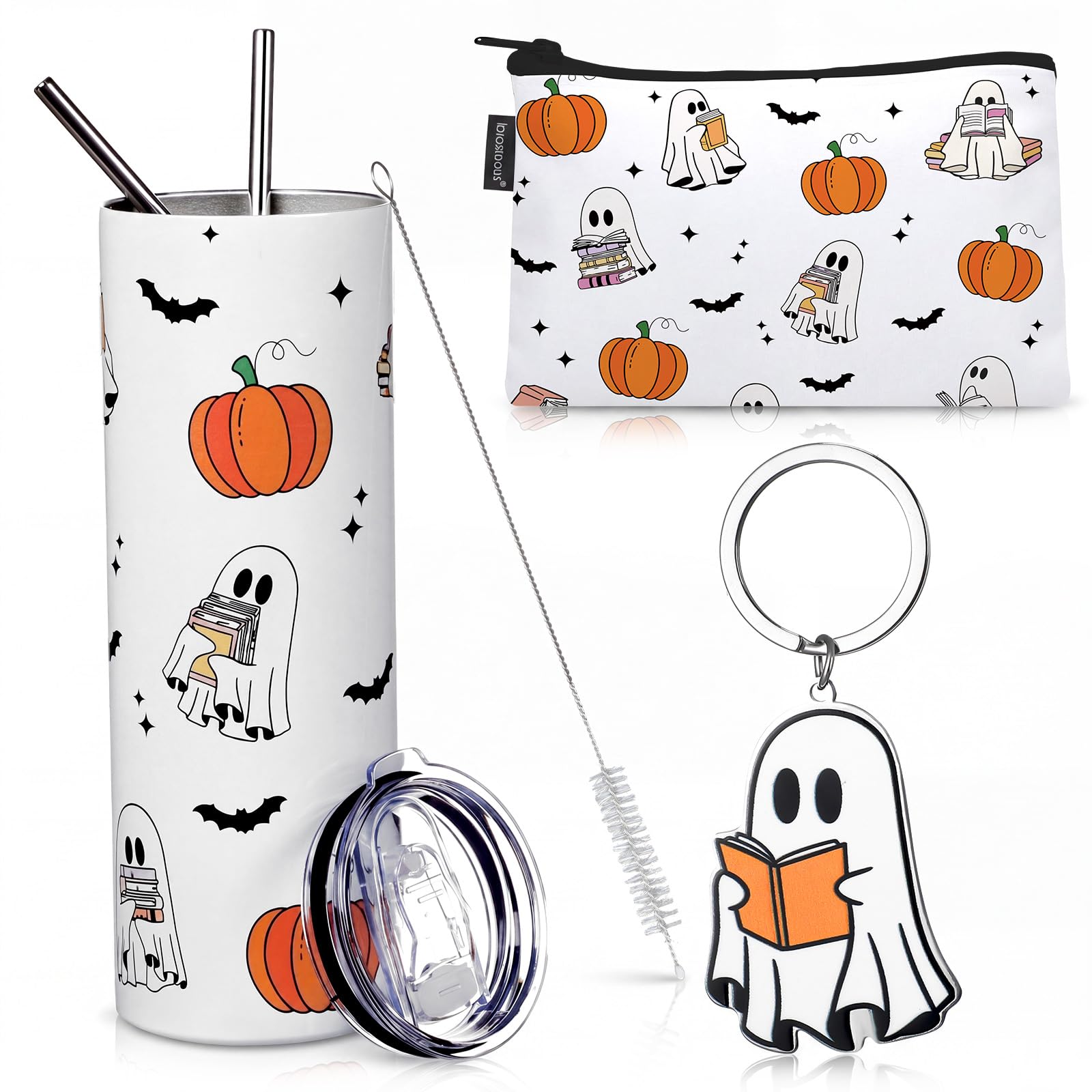 Abbylike 3pcs Halloween Gifts Set for Women, Ghost Reader Cup Bag Keychain
