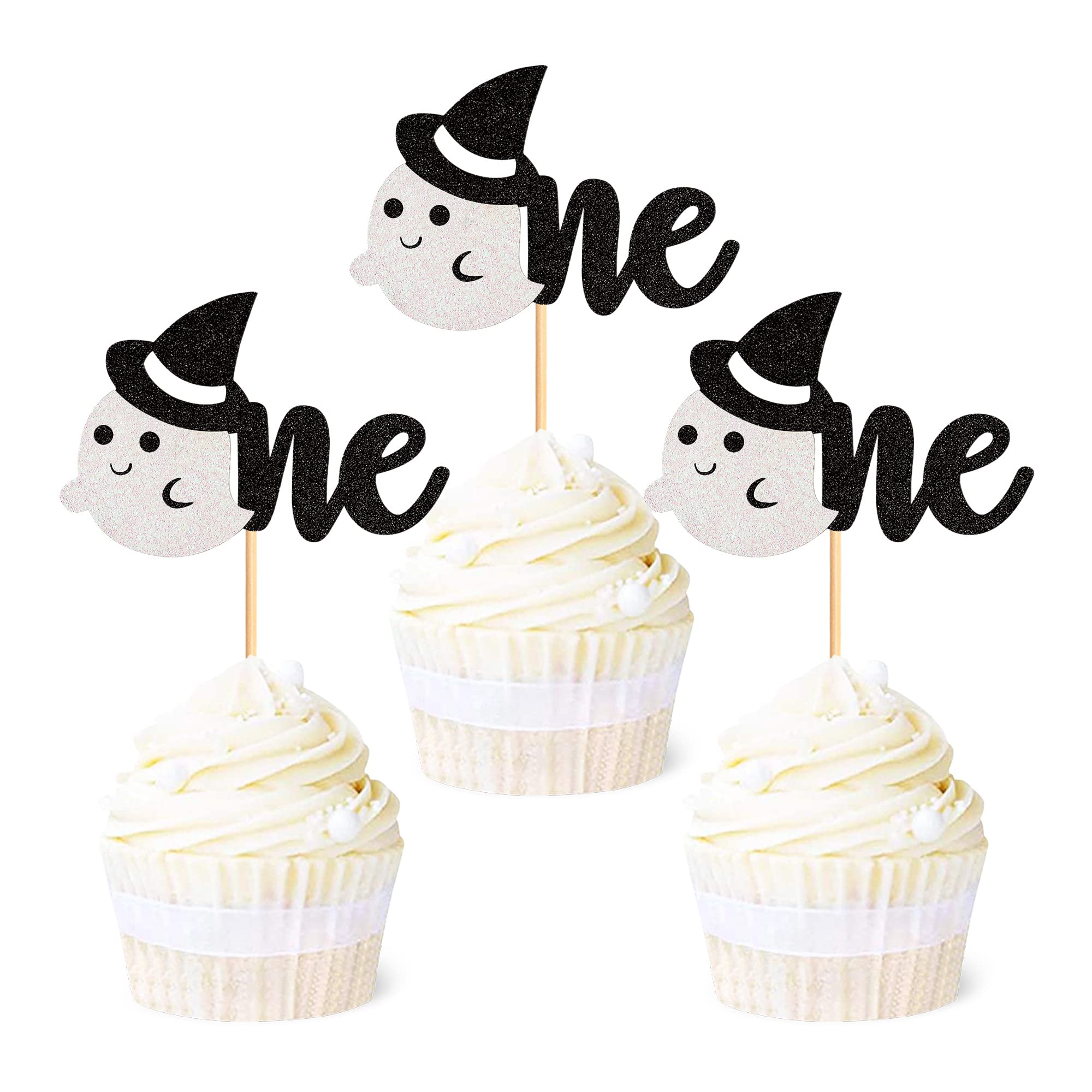 Ercadio 24 Pack Ghost One Cupcake Toppers Glitter Halloween Baby Ghost Cupcake Picks Ghost 1st Cupcake Decors Ghost One Cupcake Picks for Baby Shower Birthday Halloween Themed Party Decors Supplies