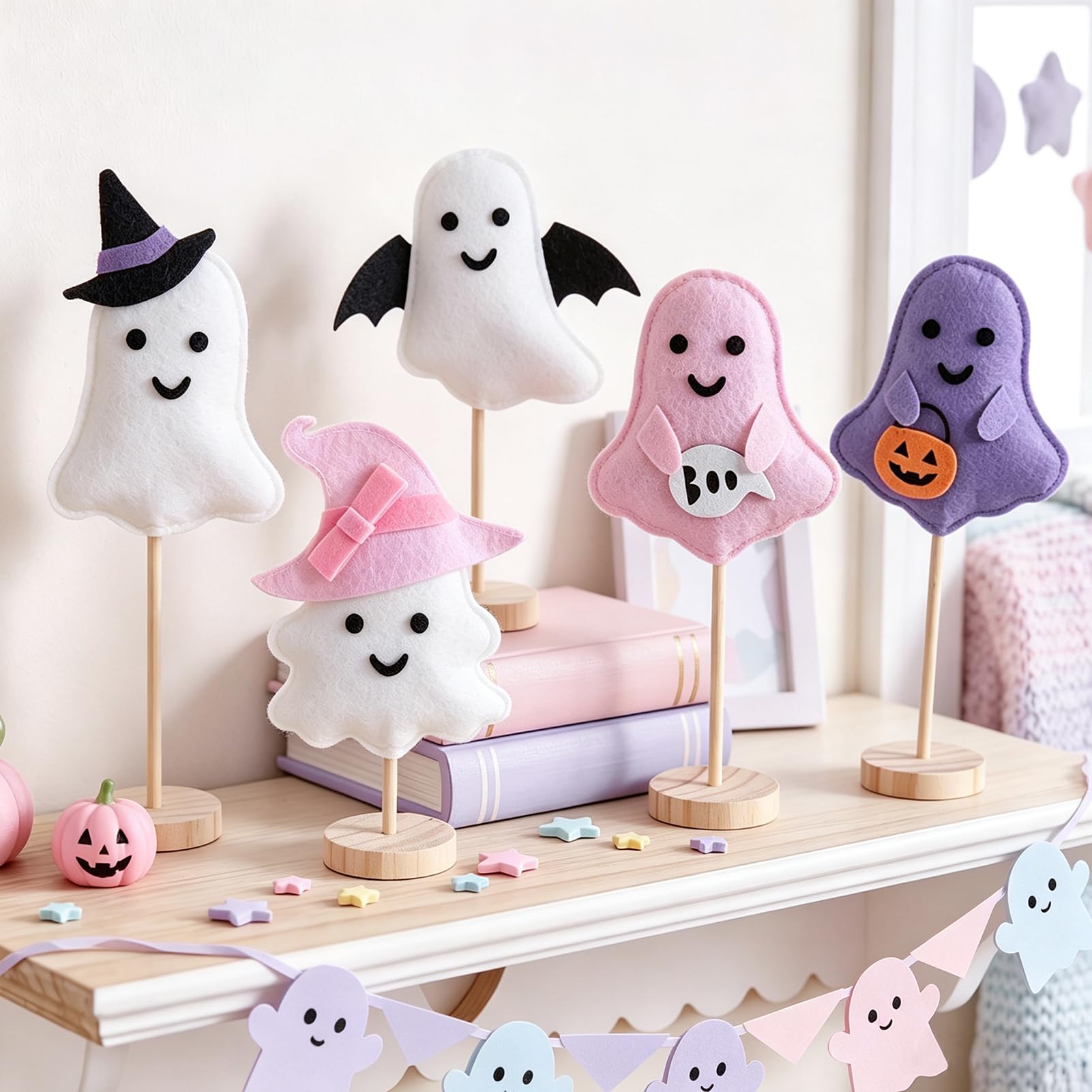5 Pcs Pink Halloween Decor Cute Ghost Tabletop Decor Felt Ghost Picks with Wooden Bases Pastel Decorations for Tiered Trays, Shelves, Mantel, Desk and Party Table