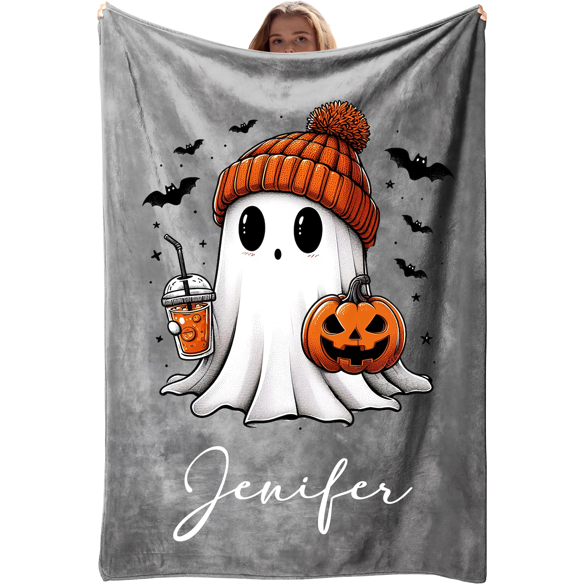 Custom Cute Ghost Halloween Blanket, Personalized Name Spooky Throw Blanket for Women Men, Ghost Blankets, Halloween Boo Gift for Him Her Kids Boys Girls Style02