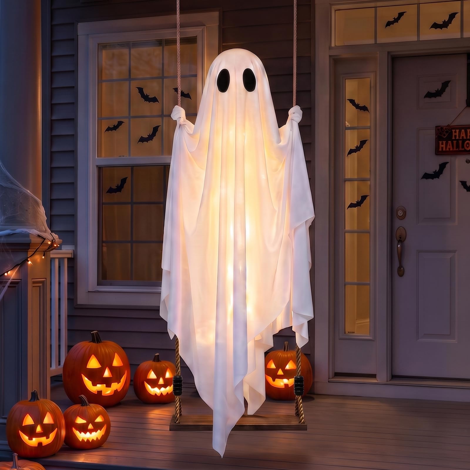 Halloween Decorations Outdoor, 5FT Light Up Hanging Swing Ghost with Remote Control, Adjustable Height Large Spooky Cute Ghosts with 9.8FT Swing Ideal for Tree Porch Garden Yard