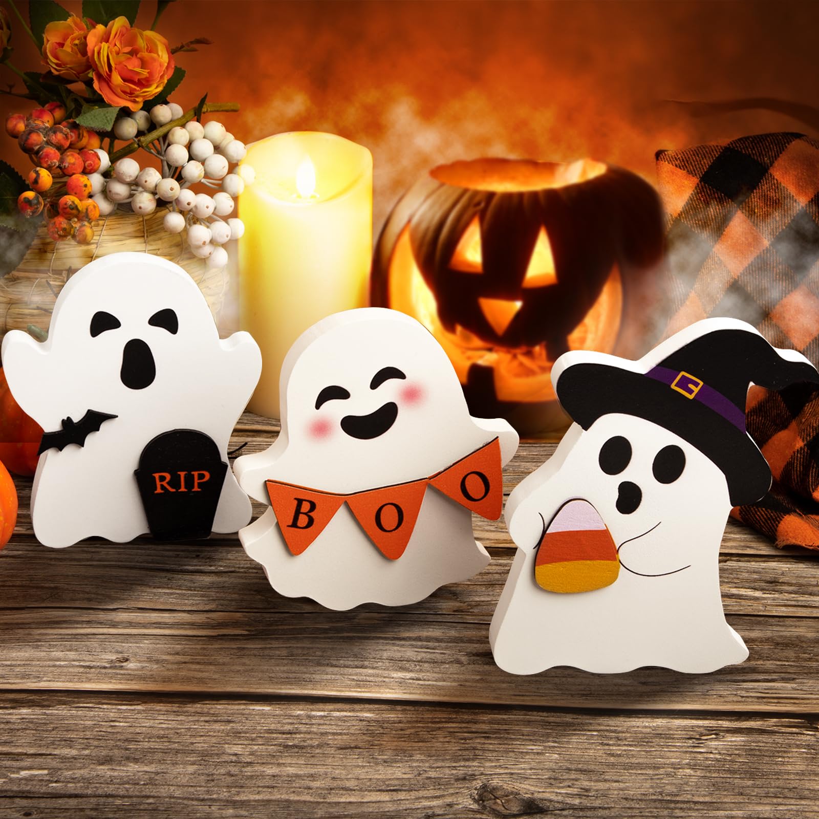 COCHIE 3 Cute Ghost Halloween Decorations Indoor Set Ghosts Table Sign