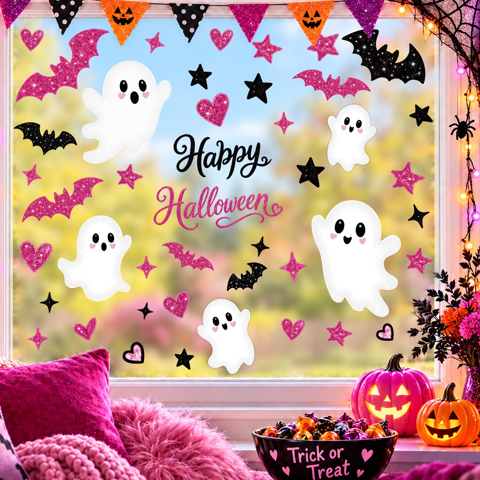 Pink Halloween Window Clings Decor Cute Ghost Stickers Decorations for Kids