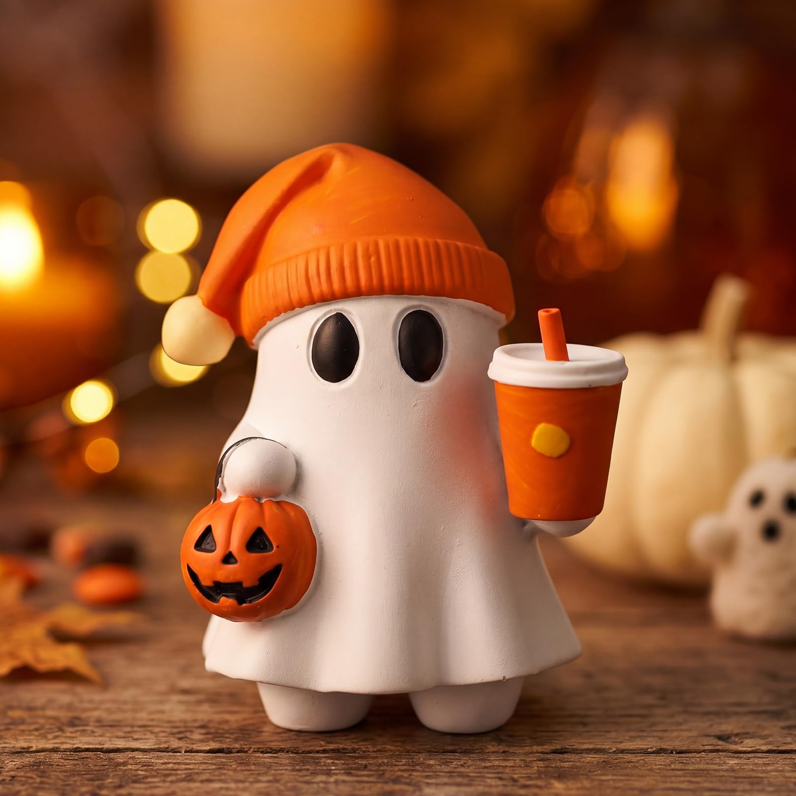Vicenpal Cute Halloween Ghost Figurine with Pumpkin Bucket and Orange Drink