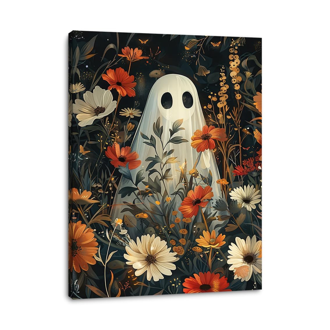 Daktenn Halloween Canvas Wall Art, Cute Floral Ghost In Haunted Forest Poster, Funny Dark Romantic Ghost Print Decorations, Dark Academia Halloween Wall Decor 12x16in White