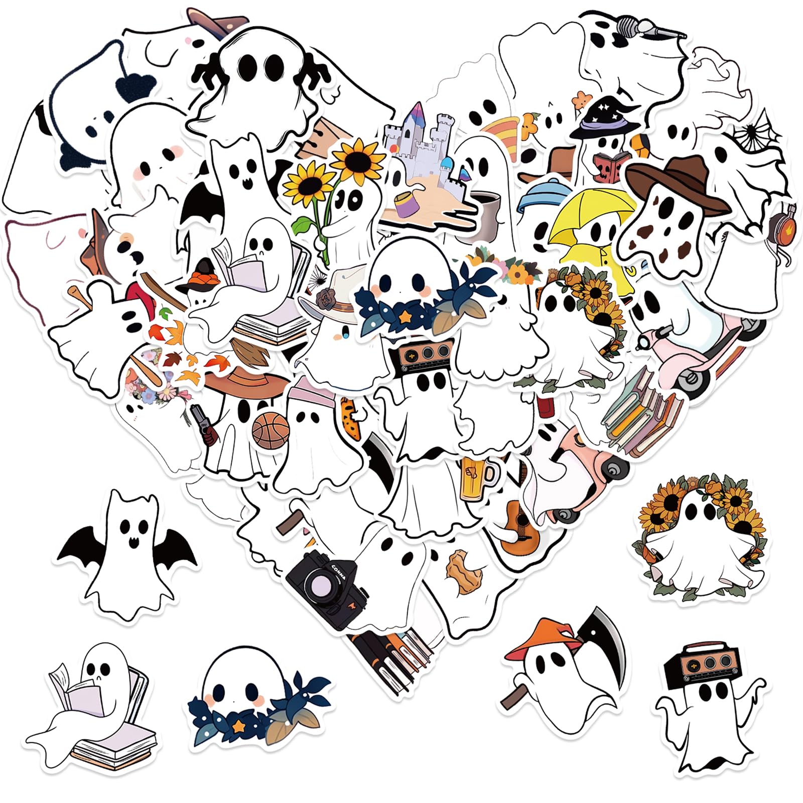 50Pcs Halloween Ghost Theme Stickers, Cute Ghost Decorative Stickers for Parties, Suitable for Children, Teens, and Adults, Ideal for Water Bottles, Laptops, and Cups