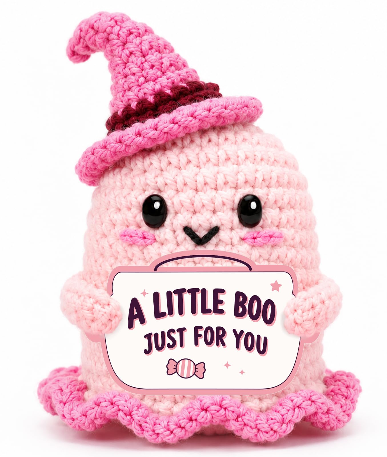 Pink Halloween Ghost Gifts for Women Teen Girl, Pastel Halloween Pink Basket Stuffers Handmade Crochet Ghost, Cute Spooky Season Gift for Girl Friend Sister Bestire Boo Table Decoration