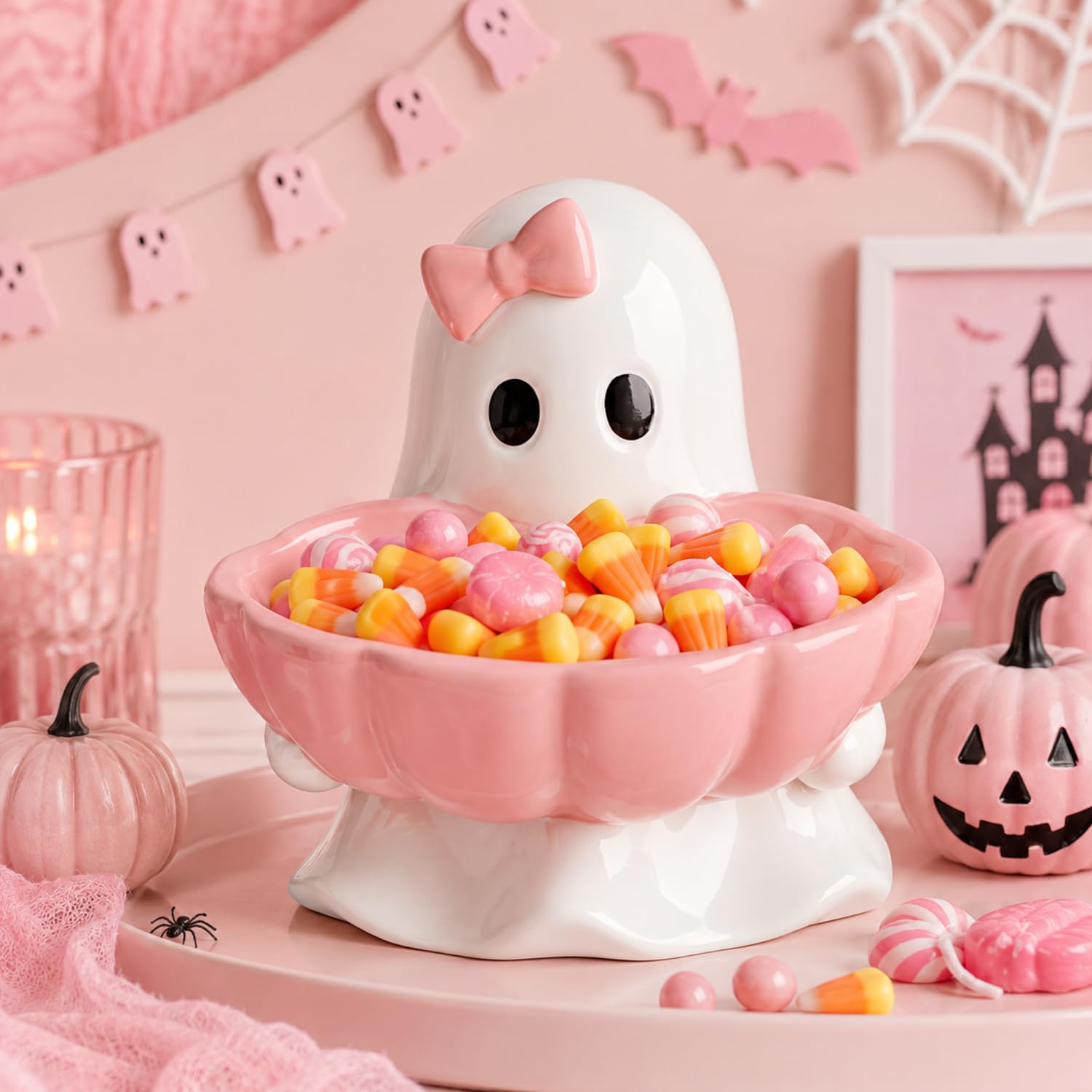 Reallnaive Halloween Candy Bowl Pink Bow Ghost Ceramic Candy Dish