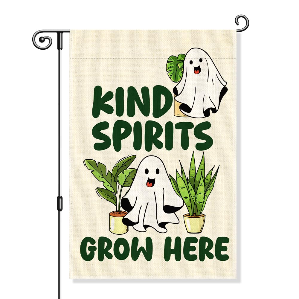 Kind Spirits Grow Here Garden Flag, Cute Ghost Halloween Yard Sign for Outside, Funny Spirit Halloween Fall Outdoor Lawn Decor, Kindness Plant Lover Spooky Plant Mom Housewarming Gifts