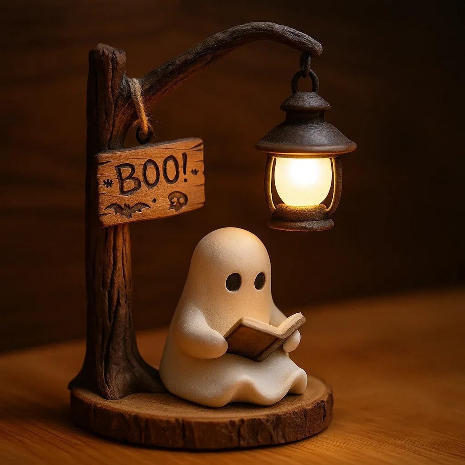 Halloween Ghost Figurine Statue Cute Ghost Reading Book Lamp Designs 3D Unique Night Light Gifts Tabletop Ornament Decoration Cartoon Resin Sculpture for Holiday Decor Supplies