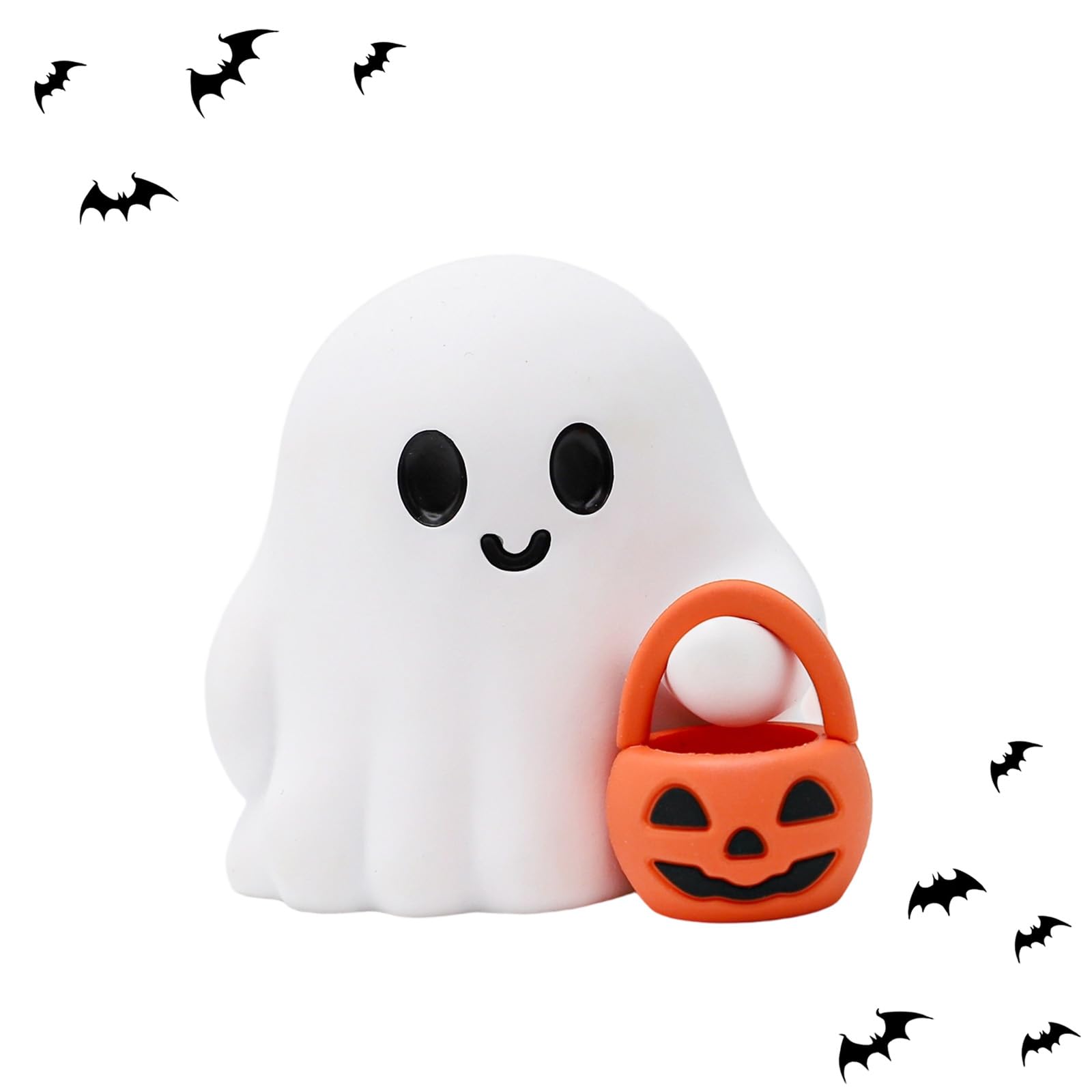 Halloween Ghost Figurine Cartoon Cute Spooky Carrying Pumpkin Basket Cute Halloween Office Desk Decor Display Ornament Tiny Trick or Treat Ghost Resin Statue for Home Supplies