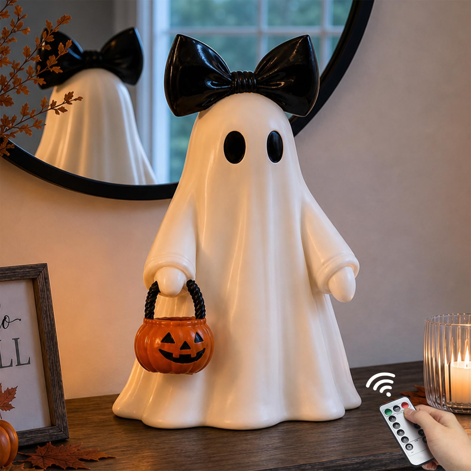 14 in Large Lighted White Ghost Figurine with Pumpkin Lantern&Remote Timer