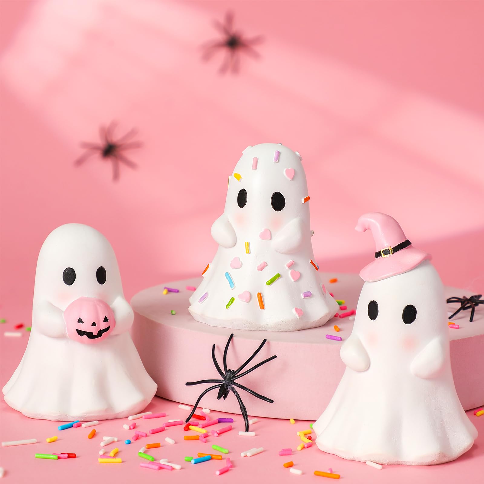 Yousoontic 3 Pcs Pink Halloween Ghost Figurines, Classic Style