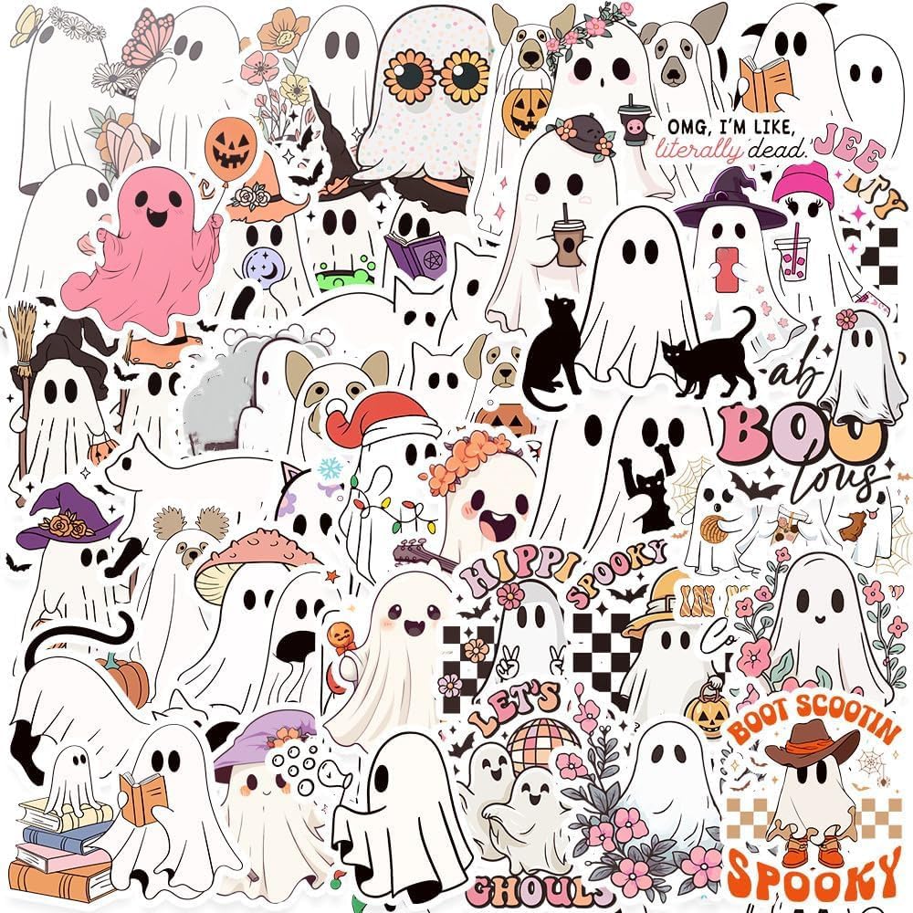 100PCS Ghost Stickers,Halloween Ghost Stickers Decals,Gifts for Kids Girls Teens Adults,Vinyl Waterproof Stickers for Water Bottle Laptop Computer Phone