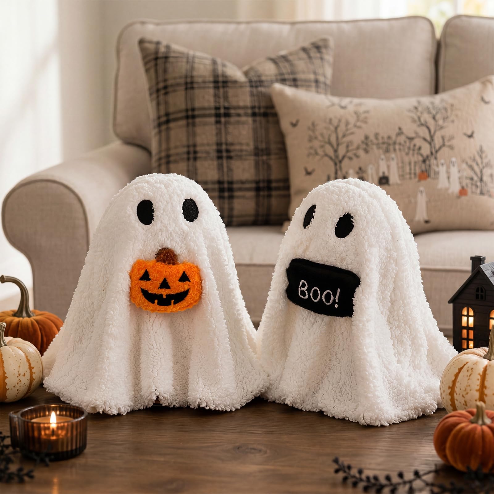 Bunny Chorus Halloween Ghost Table Decorations, 2pcs Draped Plush Ghost Decor, Cute Cozy Halloween Decor Indoor for Desk Mantel Tiered Tray Shelf Fireplace Centerpieces Home Office Party Kids Gifts