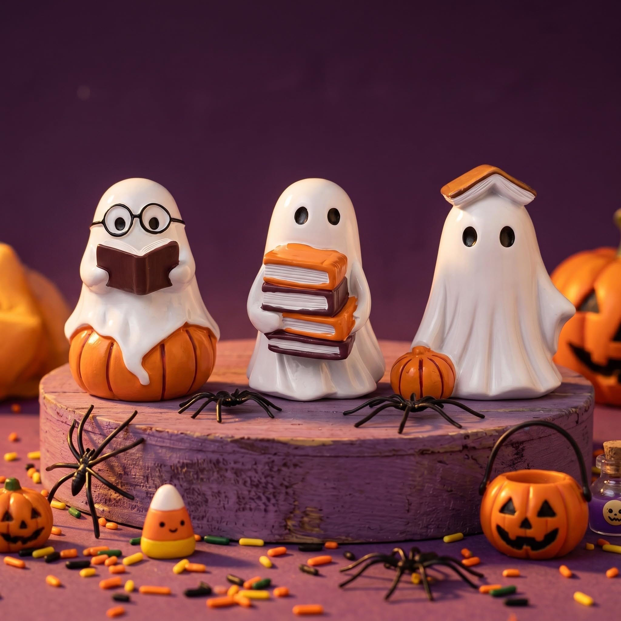 Leinuosen 3 Pcs Halloween Table Decor Reading Book Ghost Figurines