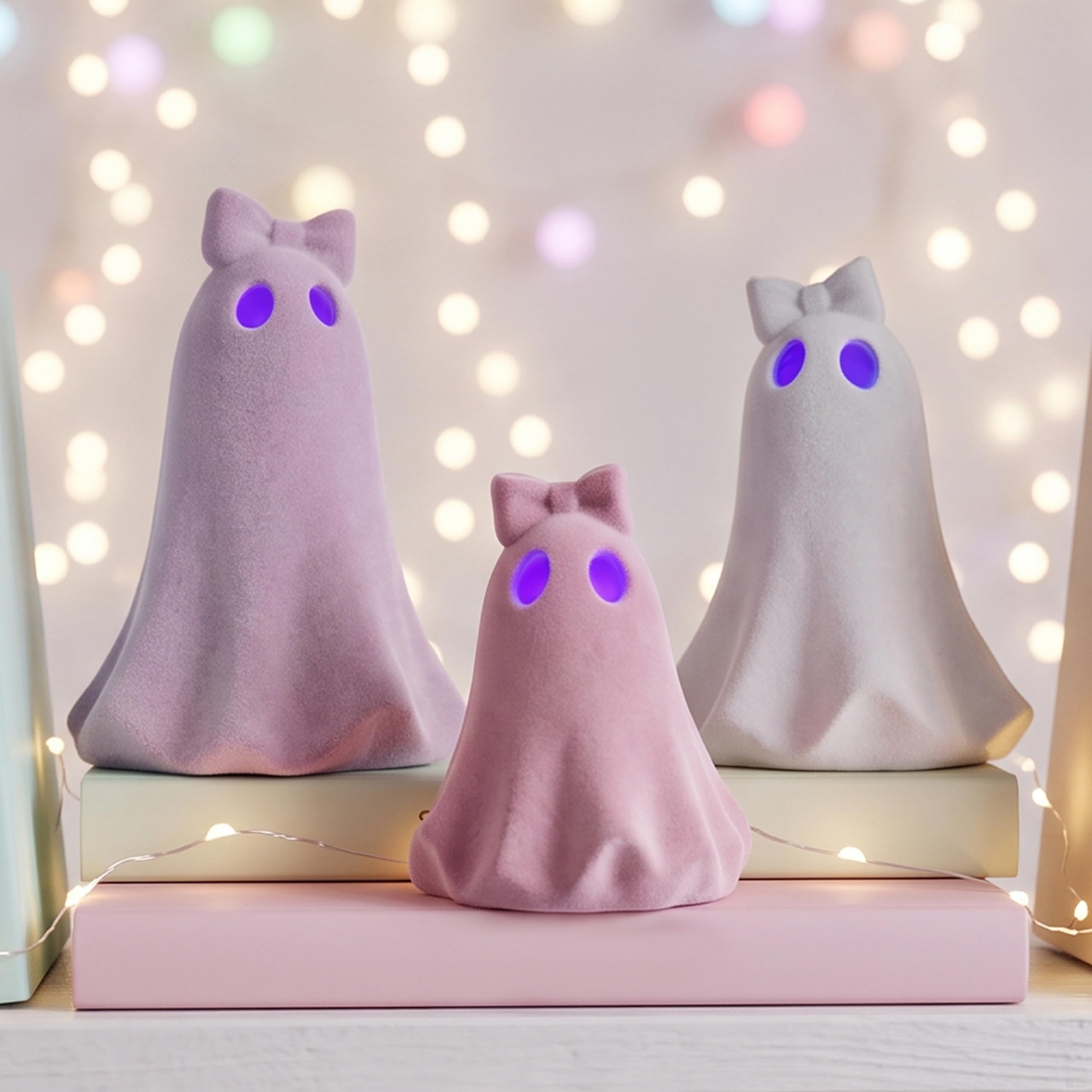 3 Pcs Pink Flocked Halloween Ghost Figurines Decor with Bow