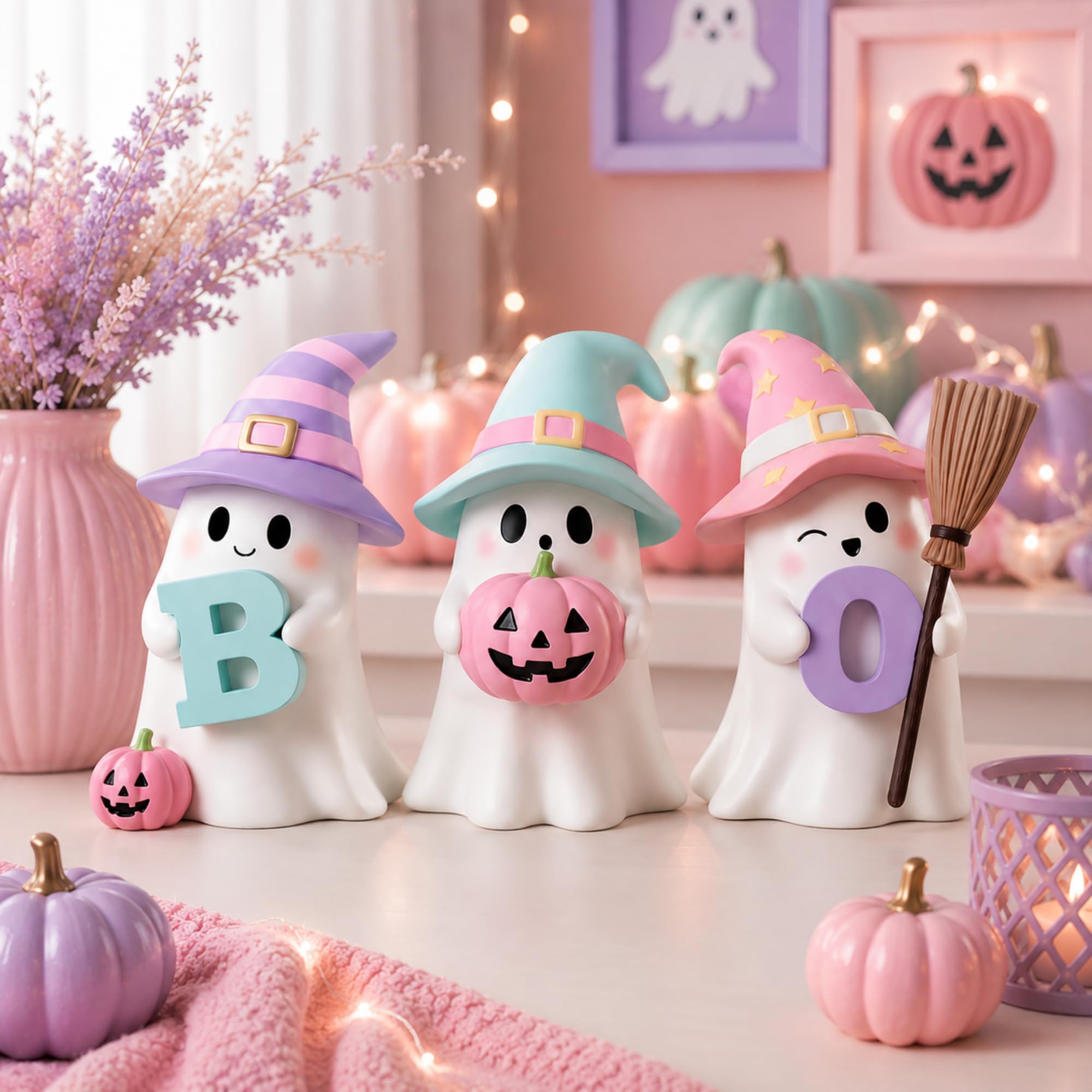3 Pcs Pastel Halloween Ghost Figurines 4" Resin Halloween Decor