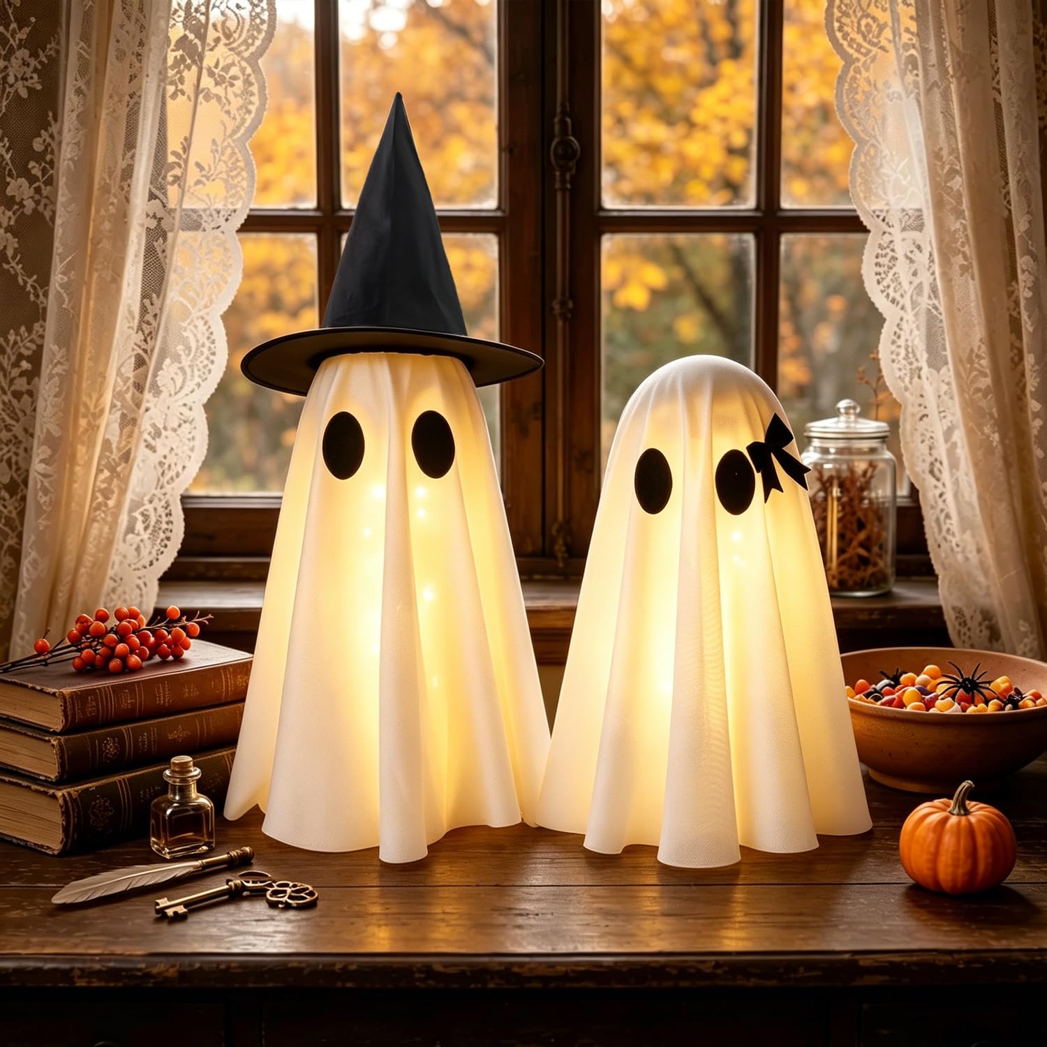 Halloween Decorations Indoor,Set of 2 Light-Up Ghosts Decor with Witch Hats