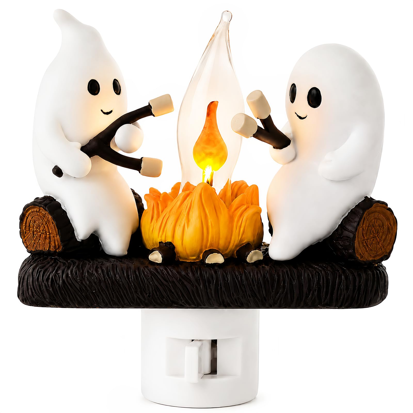 Ghost Campfire Night Light, Plug-in Wall Flickering Flame Nightlight, Halloween 3D Cute Spooky Marshmallow Ghost Decoration for Bedroom, Spooky Season Home Halloween Decor for Kids Adults