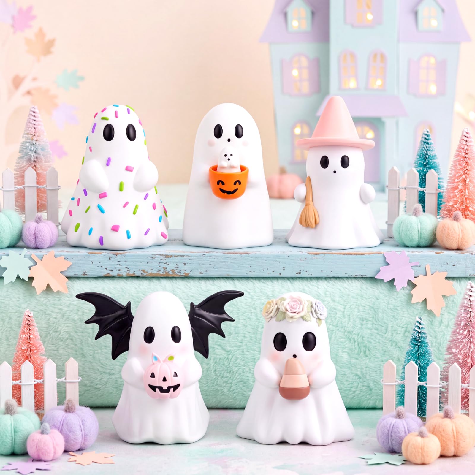 Simgoing 5 Pcs Pastel Ghost Figurines Cute Pink Halloween Decorations