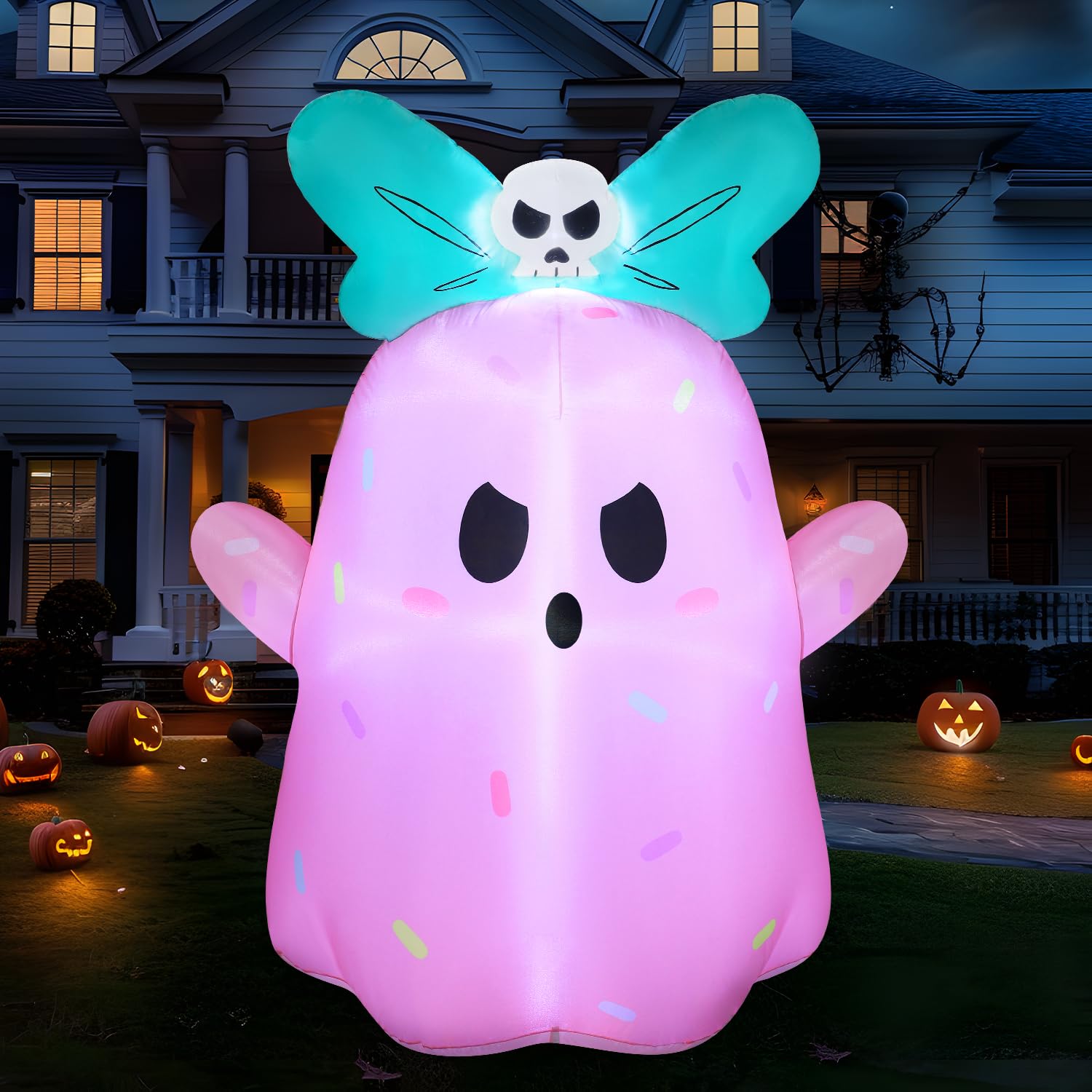 Joiedomi 5FT Tall Halloween Inflatable Ghost Outdoor Decorations, Cute Pink Ghost Blow Up Yard Decorations with Bowknot and LED Light for Halloween Decor, Garden Lawn Indoor Outdoor Party Decor